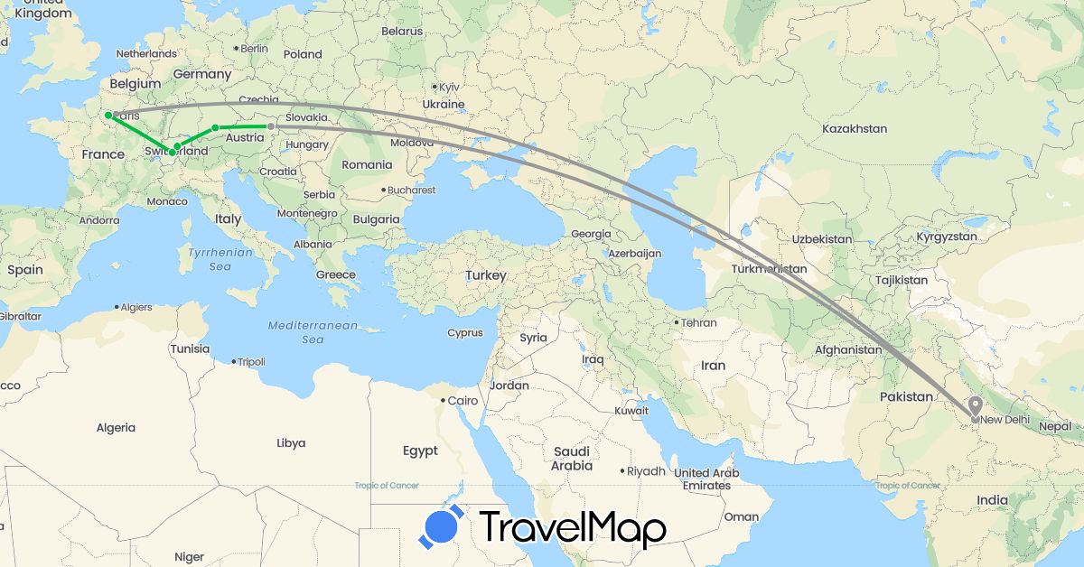 TravelMap itinerary: bus, plane in Austria, Switzerland, Germany, France, India (Asia, Europe)